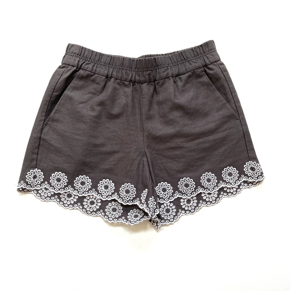 J. Crew linen blend embroidered scallop hem shorts